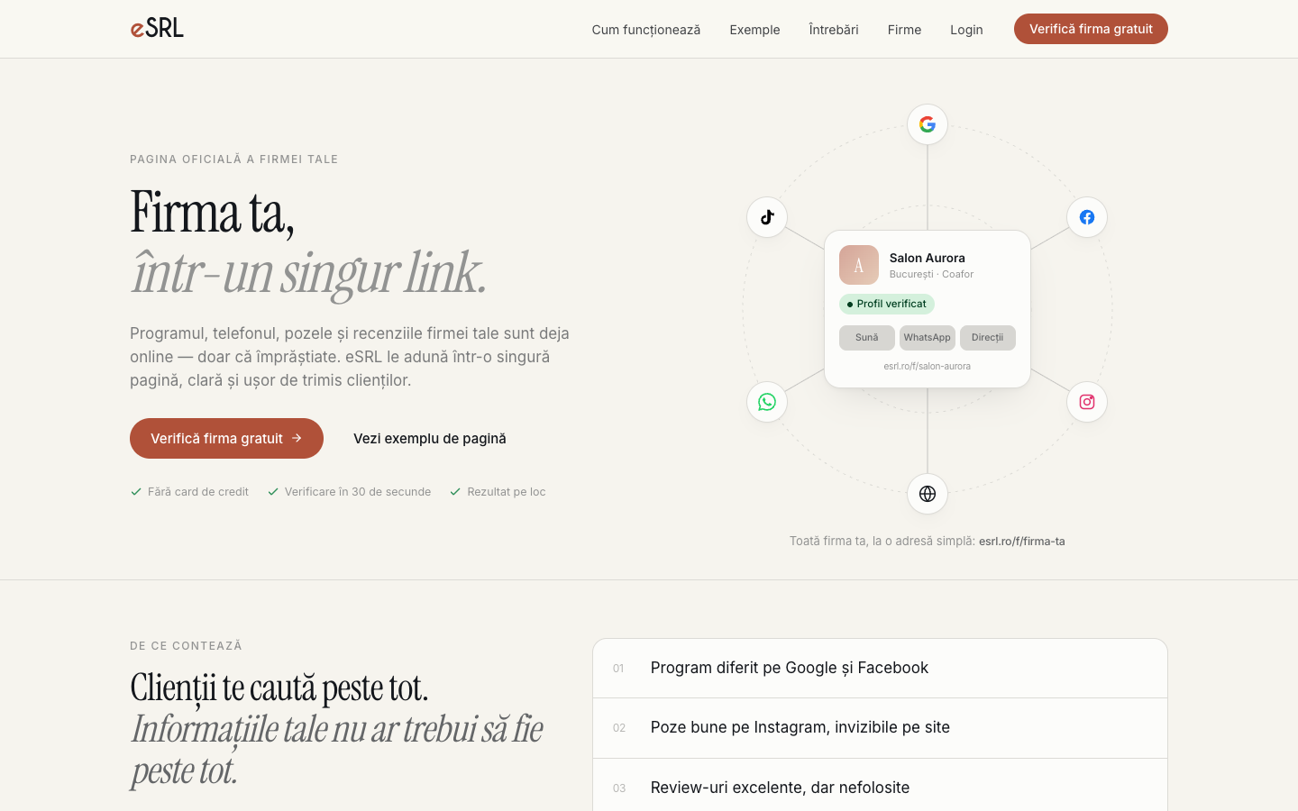 La page principale eSRL — comment les informations de l'entreprise sont rassemblées depuis Google, Facebook, Instagram, TikTok et WhatsApp dans un seul profil.