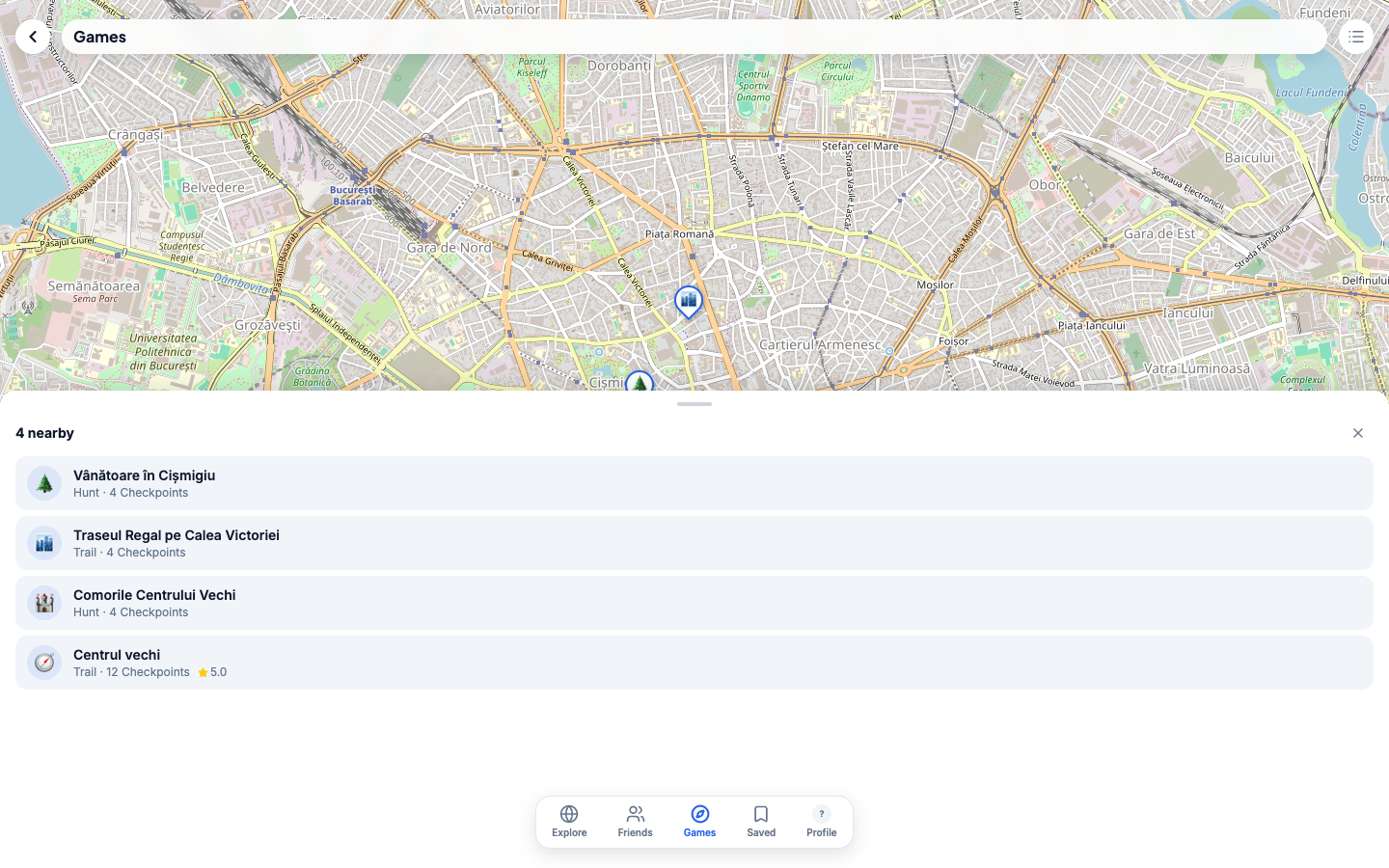 La section Games — chasses (« Hunt ») et parcours (« Trail ») avec points de contrôle, affichés sur la carte à proximité de l'utilisateur.