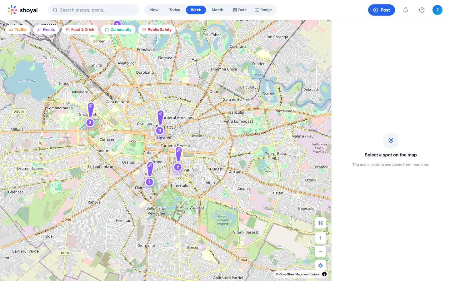 Filtrage par période (« Week ») — les clusters sur la carte se mettent à jour selon la période sélectionnée.