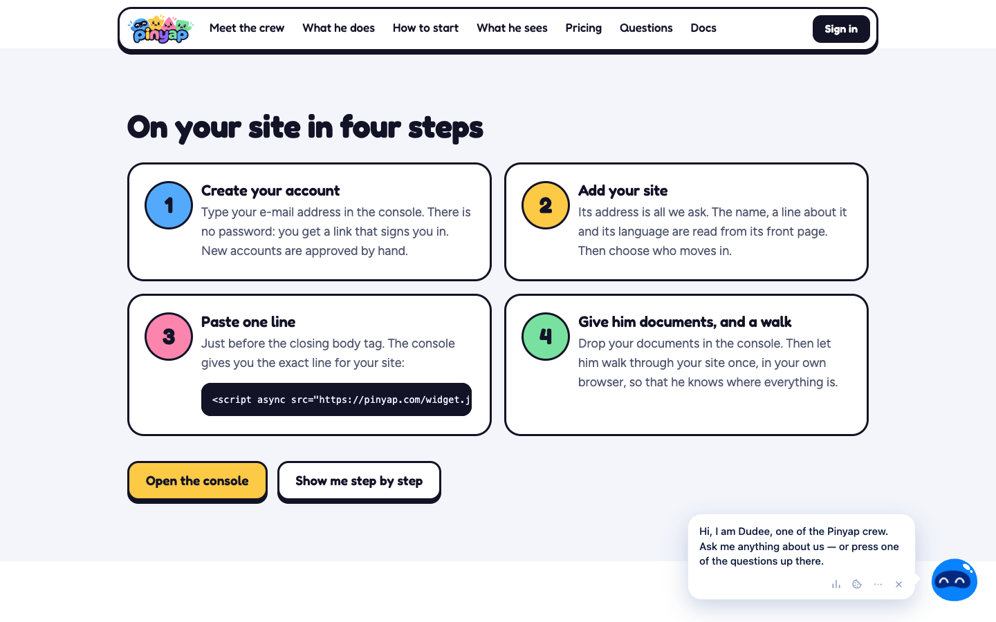 Comment il arrive sur un site, en quatre étapes : un compte, l'ajout du site, une ligne de code et les documents dont il a besoin.